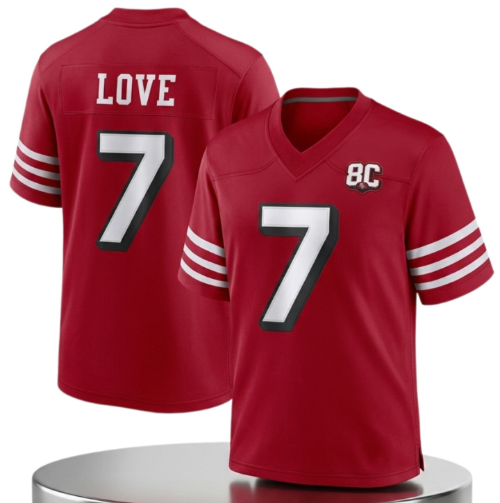 Men's Red San Francisco 49ers #7 Daejon Love 80th Anniversary Patch 2026 Stitched Football Jersey